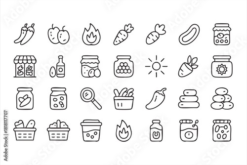 Minimal line art food and produce icons for farm, market, and packaging design