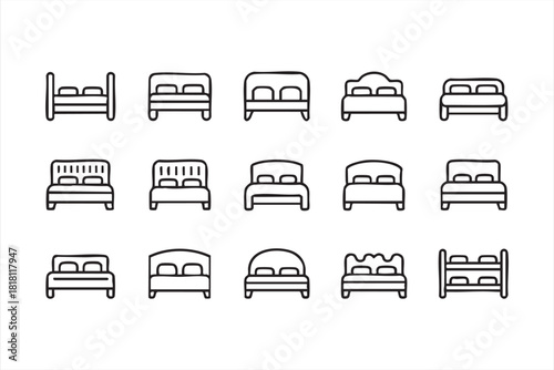 Clean vector bedroom icons featuring modern bed styles and headboards