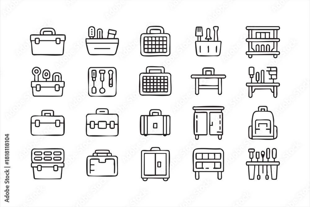 Fototapeta premium Minimalist workshop storage icons featuring tool cases and organizers
