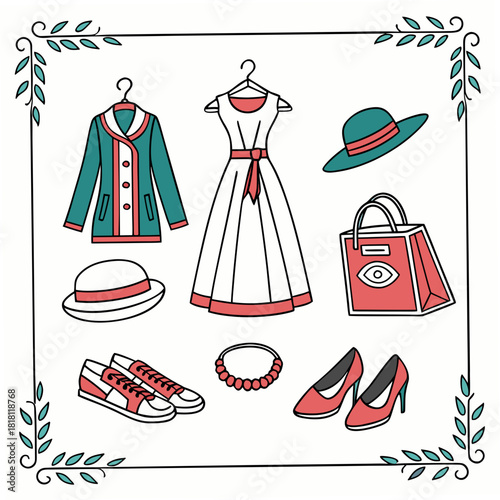 Collection of women's fashion items and accessories in a decorative frame clothing