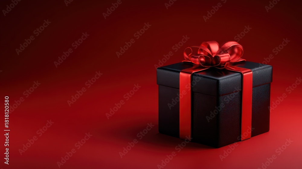 Obraz premium elegant black gift box with red ribbon on red background for holiday gift presentation moments 2026