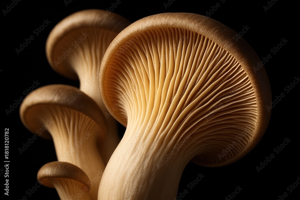 Fototapeta premium Close-up of cultivated mushroom cluster with detailed gills against a stark black backdrop