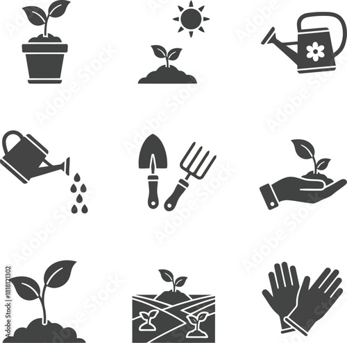 Gardening icons set planting growth watering hands tools nature plants sun seedling sprout cultivation vector