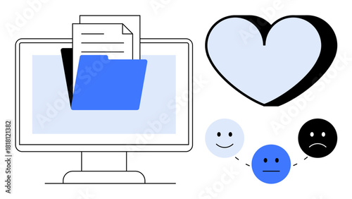 Computer screen with open folder and document, heart icon, and emotional feedback faces. Ideal for data storage, online organization, feedback system, digital care, emotional design, customer