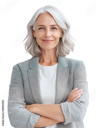 smiling beautiful mature business woman standing isolated on white background older senior businesswoman 60s grey haired lady professional female ceo coach looking at camera banner copy space no logo