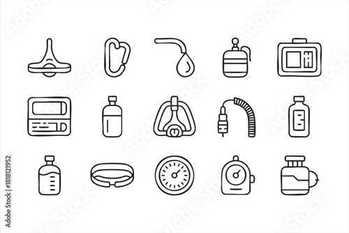 Line art icons of sleep apnea devices, masks, and tubing for healthcare design resources