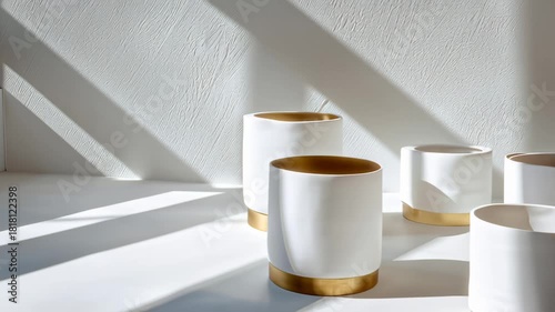 Minimalist White Ceramic Vases with Gold Accents Casting Dramatic Shadows