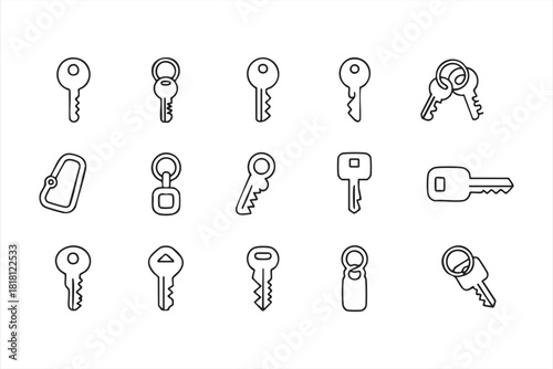 Vector line icons of keys and keychains for safety, access, and security branding
