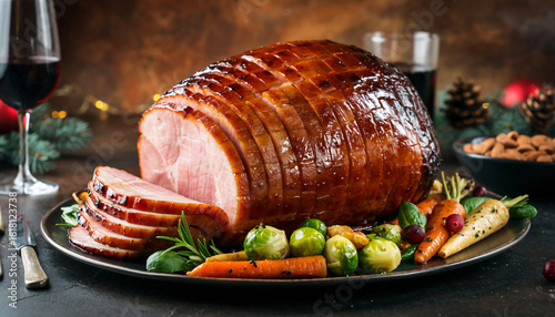 Roasted Christmas Ham with Glazed Skin and Cranberry Sauce — Festive Centerpiece Food Photography