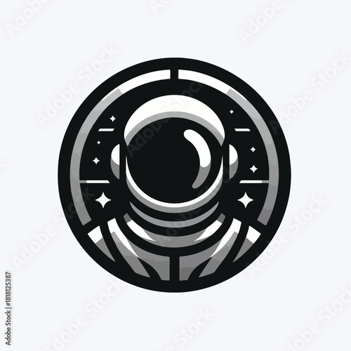 Astronaut helmet emblem with stars and space elements.