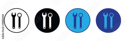 Set of four wrench icons in circles: black and white, black and white, blue and purple, representing tools and maintenance for mechanics and repairs