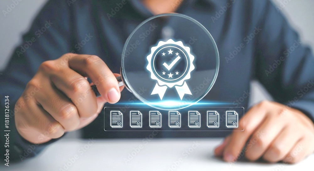 Fototapeta premium Person examining documents with a magnifying glass, focusing on a quality assurance badge, representing quality control and certification.