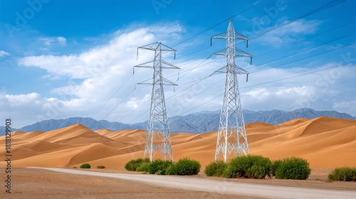 Power line towers transmitting electricity across desert dunes