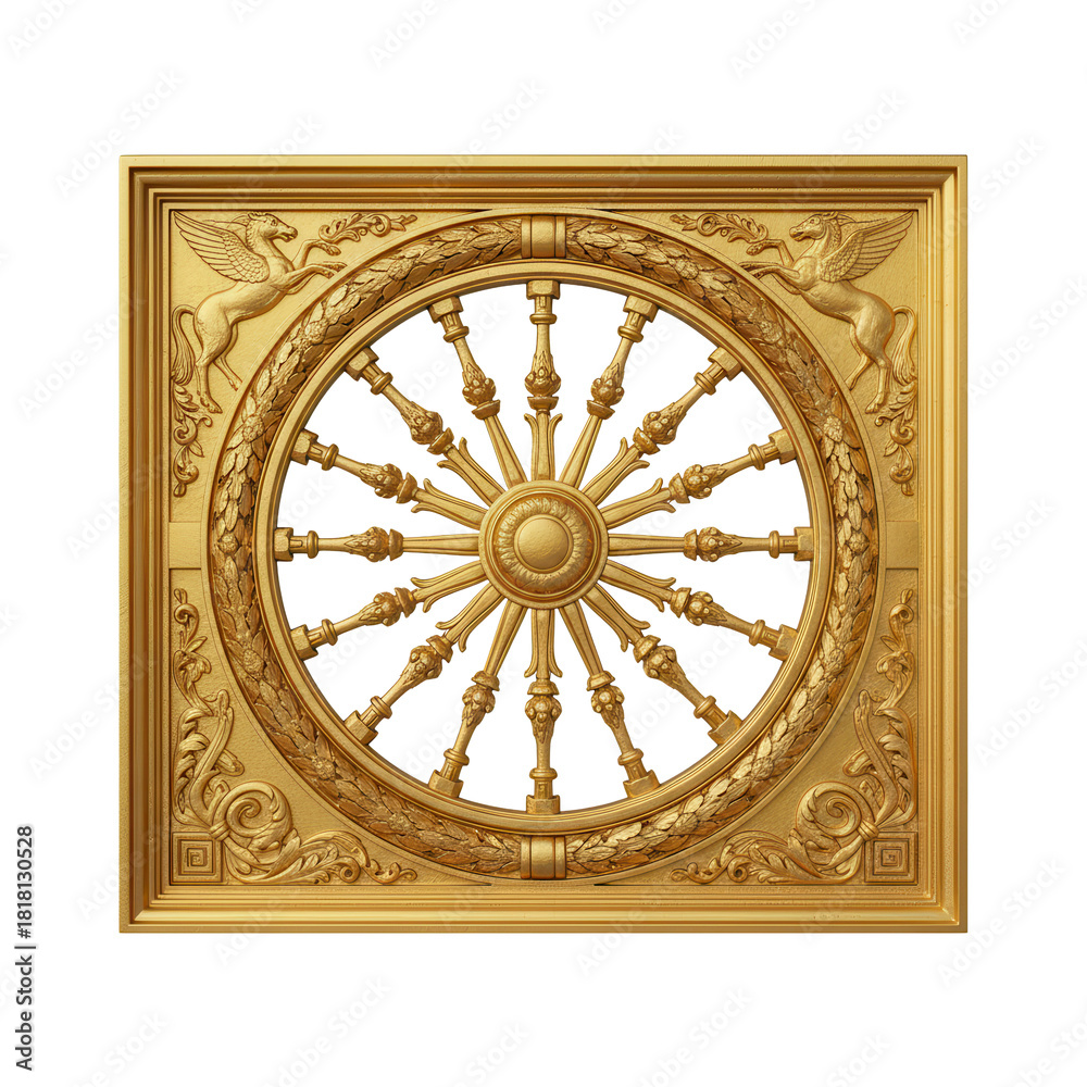 Obraz premium Square Framed Golden Wheel Relief, Elaborate Ornamental Panel Inspired By South Indian Temple Art