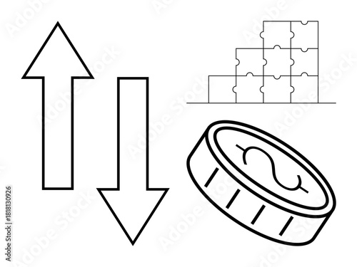 Financial growth concept. economic trends with upward and downward arrows, interconnected puzzle pieces, and a coin currency. Ideal for finance, business, investments, analysis, planning