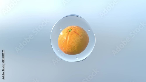 Whole Orange Inside Clear Water Droplet Floating in the Air on Light Blue Background

