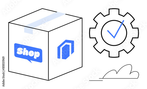 Box featuring shopping platform branding, gear with checkmark representing operational efficiency, and cloud hinting at scalability. Ideal for delivery, logistics, retail, supply chain, automation