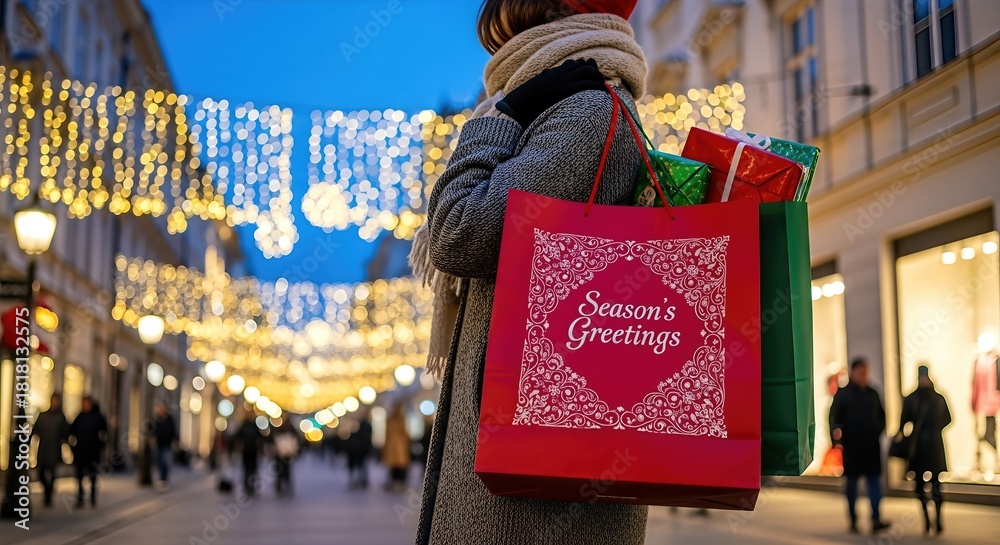 Fototapeta premium Woman holding festive shopping bags with holiday decorations and lights in the background, celebrating Christmas sale and New Year discounts in a vibrant urban setting