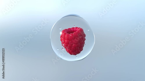 Raspberry Inside Clear Water Droplet Floating in the Air on Light Blue Background
