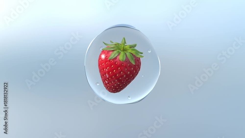 Strawberry Inside Clear Water Droplet Floating in the Air on Light Blue Background
