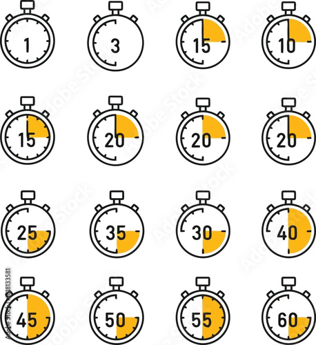 Collection of hand drawn stopwatch icons showing different time intervals for measurement and countdown vector