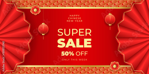 Happy Chinese New Year super sale banner with fans, lantern, flowers. Festival voucher template design for seasonal promotion and special offer. Horizontal vector illustration