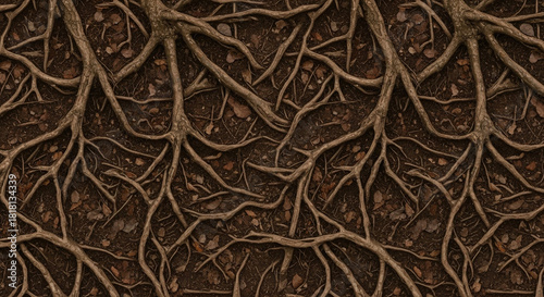 Seamless texture of complex brown tree roots growing in dark soil