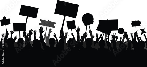 Massive crowd silhouette holding diverse shaped signs and placards, political protest and demonstration unity vector graphic illustration.