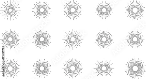 Sunburst Starburst Icon Set, Radial Explosion Lines, Vintage Retro Design Element, Energy Burst, Light Rays, Vector Graphic, Concentric Circle, Decoration, Abstract.