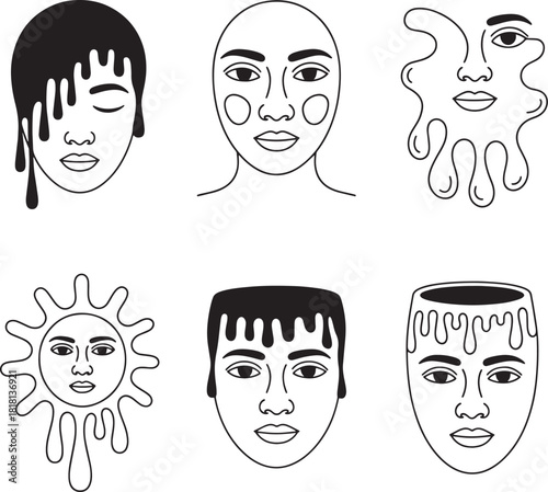 Assorted Faces Drip Paint Minimalist Line Art Style Creative and Contemporary Faces