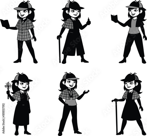 Cartoon female detective characters, mystery investigator, magnifying glass, trench coat, crime solving, Sherlock Holmes style, flat vector