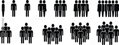 Group size silhouette illustration set, 1 to 11 people icons, crowd graphic, social symbol, population design elements