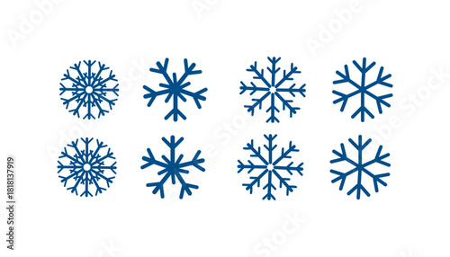 Blue snowflake set on transparent background. Clean winter icons with crisp geometric shapes and decorative seasonal style.
