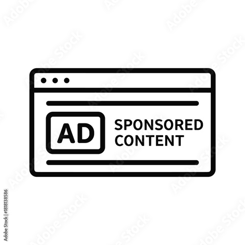Simple black and white line icon representing an advertisement or sponsored content window