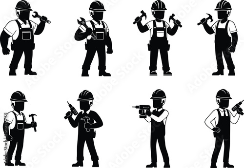Construction workers with wrench, hammer, drill, tools, hard hats, silhouettes, industrial labor poses, occupational illustration, flat vector