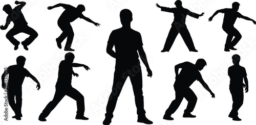 Human silhouette illustration set, dynamic standing and crouching poses, gesture icons, motion graphic, expressive symbol, posture design elements