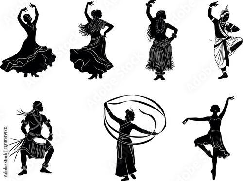 Cultural dance silhouettes from around the world, traditional costumes, expressive movement, global heritage art – flavector