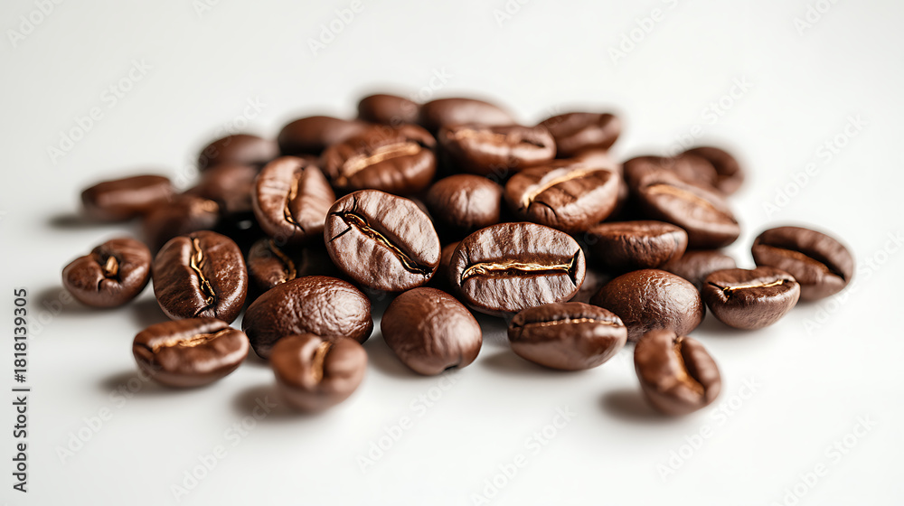 Fototapeta premium A close-up of a pile of roasted Arabica coffee beans on a white surface