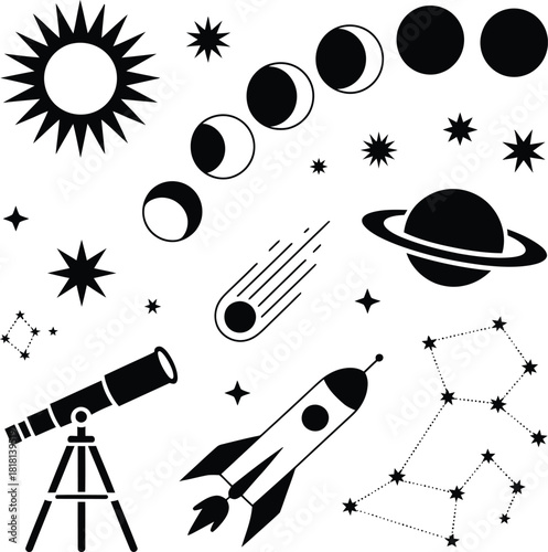 Celestial Elements With Telescope Planet Rocket and Phases of Moon in Space