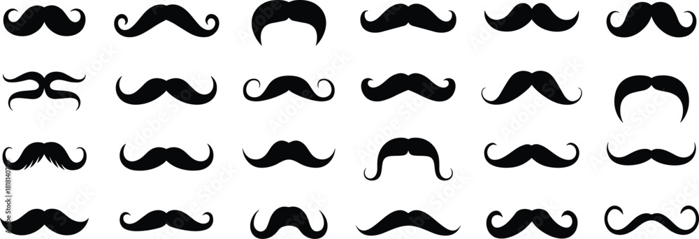Fototapeta premium Mustache icon set, facial hair silhouette, black graphic styles, grooming design elements, vintage and modern illustration bundle