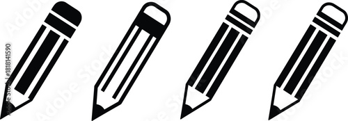 Pencil icon set, black and white graphic, stylized writing tool, school supply silhouette, stationery illustration elements