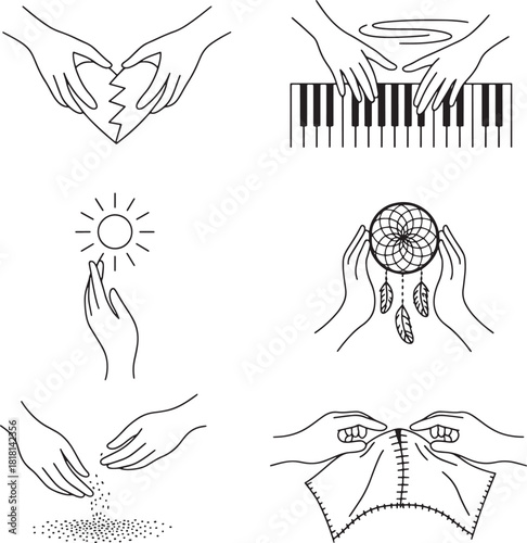 Hand doing different things broken heart piano dream catcher sewing vector