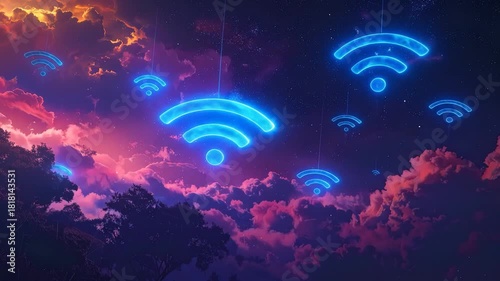 Abstract Wifi Signal in a Dreamy Sky with Glowing Wireless Symbols