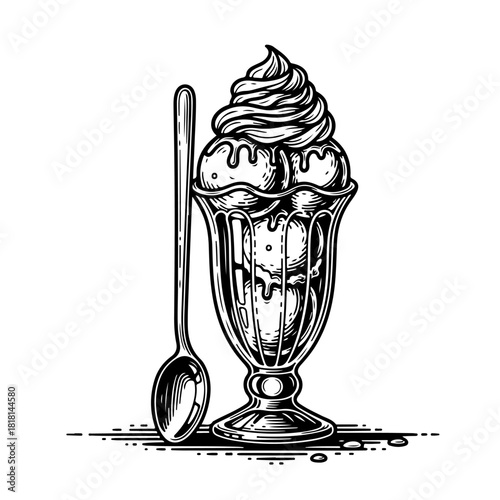 A vintage black and white illustration of an ice cream sundae in a classic glass with a long spoon.