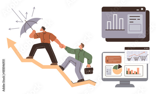 Two colleagues climbing upward with teamwork and protection, monitored by data dashboards. Ideal for leadership, growth, mentoring, strategy, teamwork, analytics resilience. Simple flat metaphor