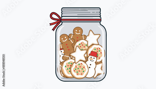Illustration of a glass jar filled with assorted Christmas cookies, including gingerbread men, stars, and sprinkle-covered sugar cookies, tied with a red ribbon.