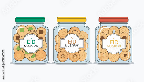 Three glass jars filled with various cookies, each labeled with "Eid Mubarak" for a festive celebration.