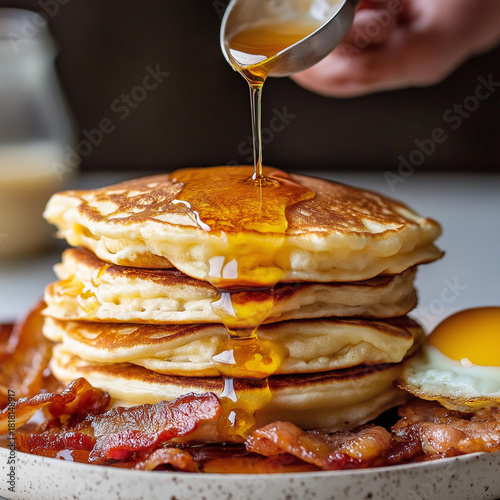 A dynamic shot of delicious American breakfast with tall stack of pancakes, bacon and thick maple syrup pouring over it with hand on shot.