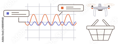 Graph lines with data indicators on a grid, quadcopter flying above, robotic basket. Ideal for technology, analytics, automation, IoT, AI statistics innovation. Modern simple flat metaphor