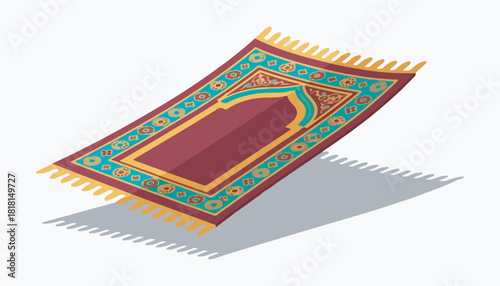 An illustrated prayer rug with intricate patterns and a shadow cast on a white background.